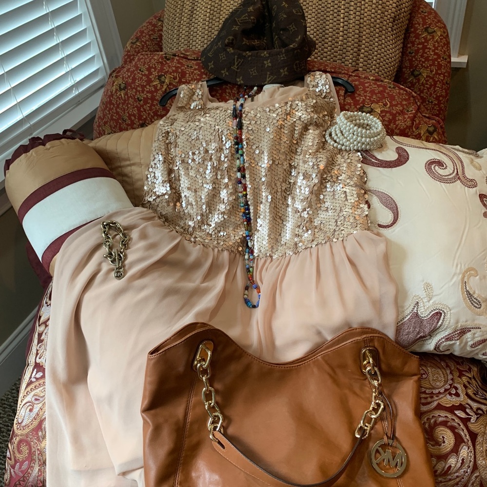 Cream Sequins on top, Sheer Cocktail Dress